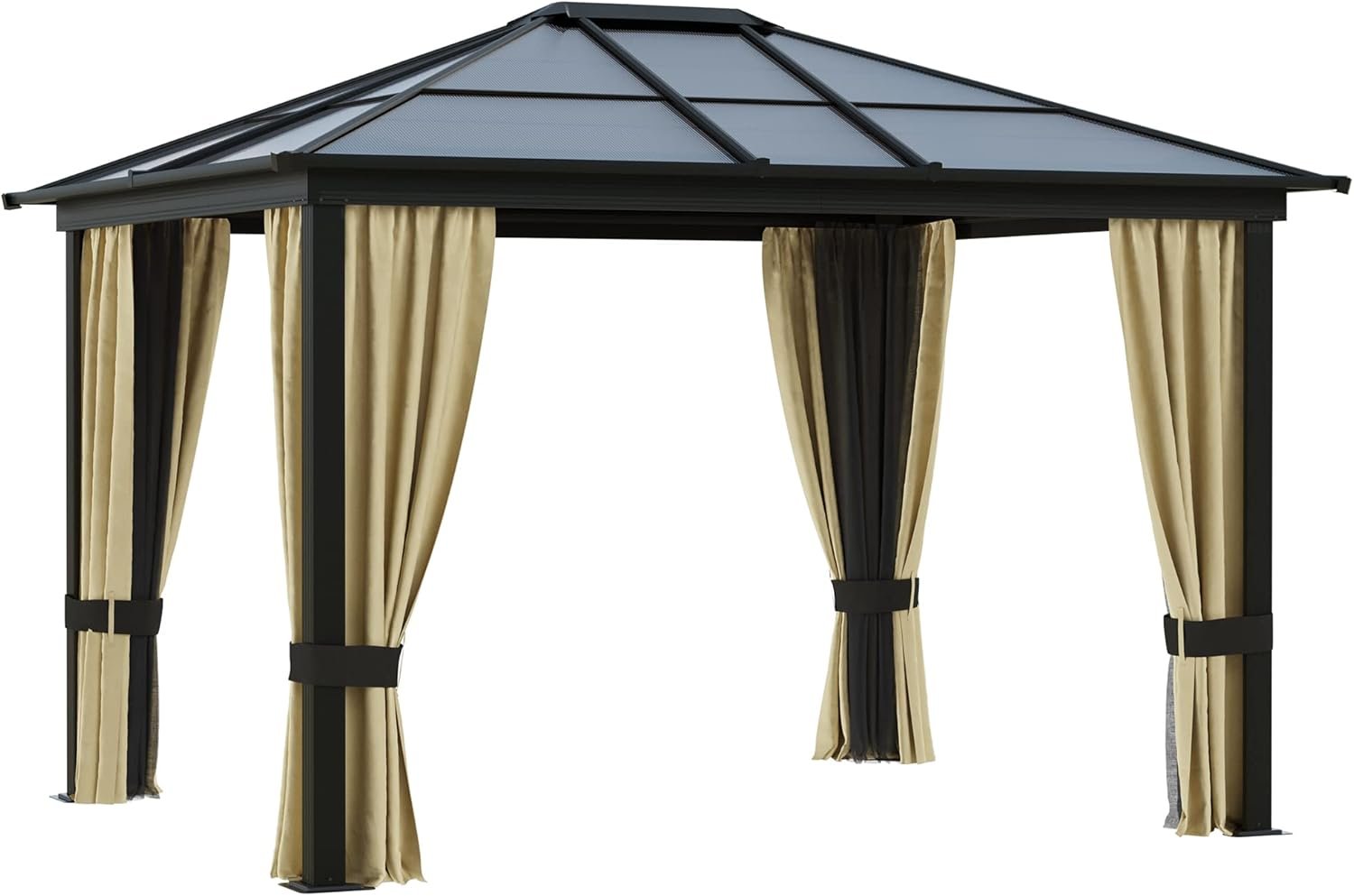 Outsunny 10x12 Gazebo Canopy The Gazebo Canopy set up outdoors with polycarbonate roof and mesh for UV protection and comfort.