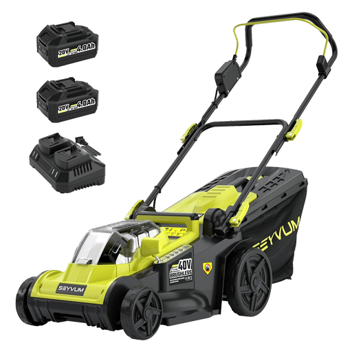 Garden tools – The electric lawn mower showing the full 16-inch cutting width and grass collection bag.
