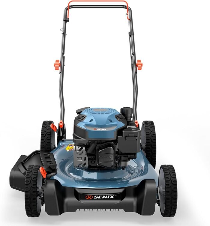 Close-up of the gas lawn mower's 144cc 4QL engine, providing reliable power.