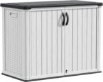 shed full view showing the large 26 cubic feet horizontal storage capacity and white color.